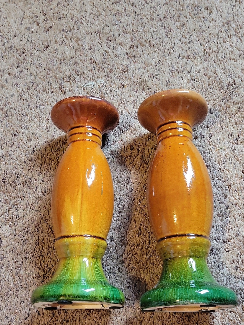Handcrafted Ceramic Candlestick Holders in Amber and Green - Home Accents